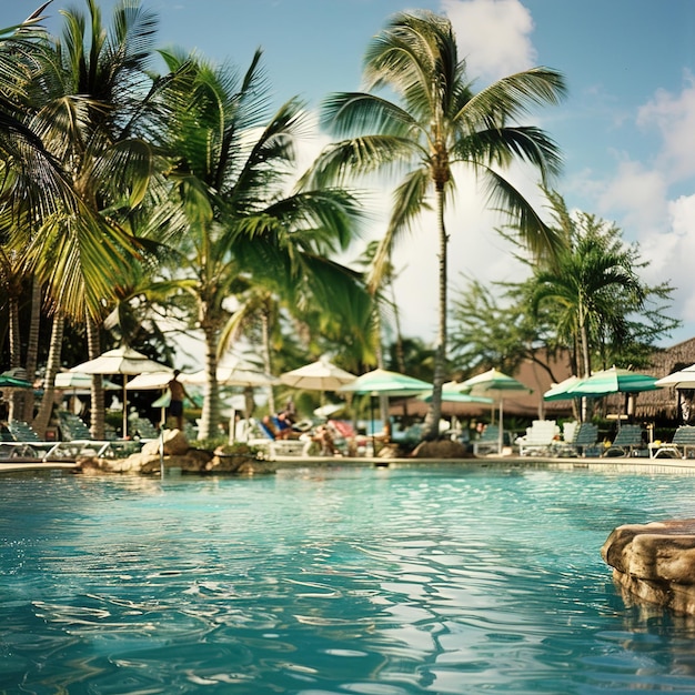 een zwembad met een palmboom en een blauw zwembad Met een witte paraplu
