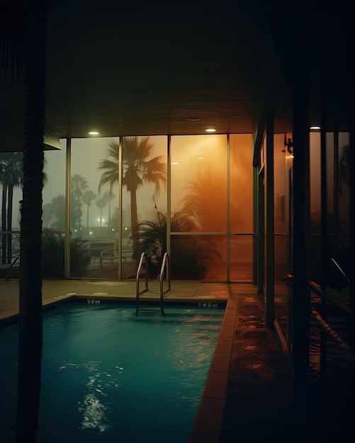 een zwembad met een palmboom ernaast