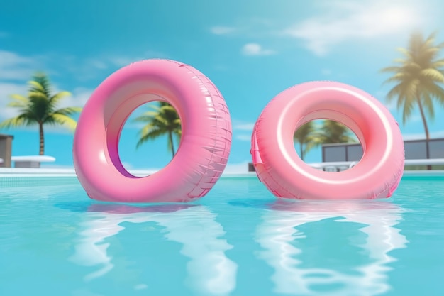 Een zwembad met een roze opblaasbare ring die o's in het midden zegt.