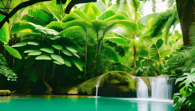 Een zwembad met een waterval en planten op de achtergrond
