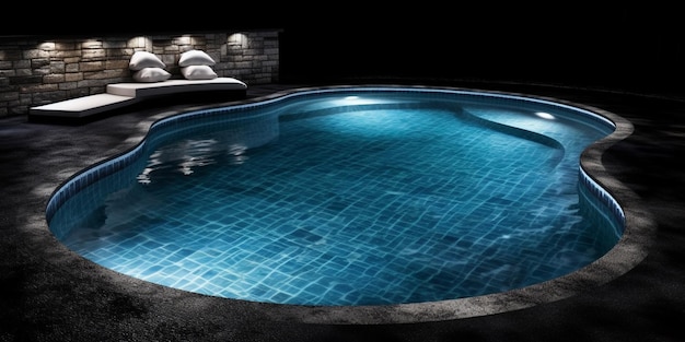 Een zwembad met een zwarte muur en een lamp met 'zwembad' erop