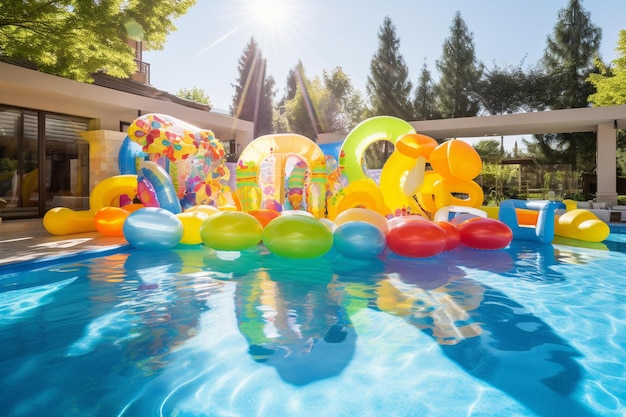 Een zwembad met een zwembad gevuld met kleurrijk plastic speelgoed en drijvend speelgoed.