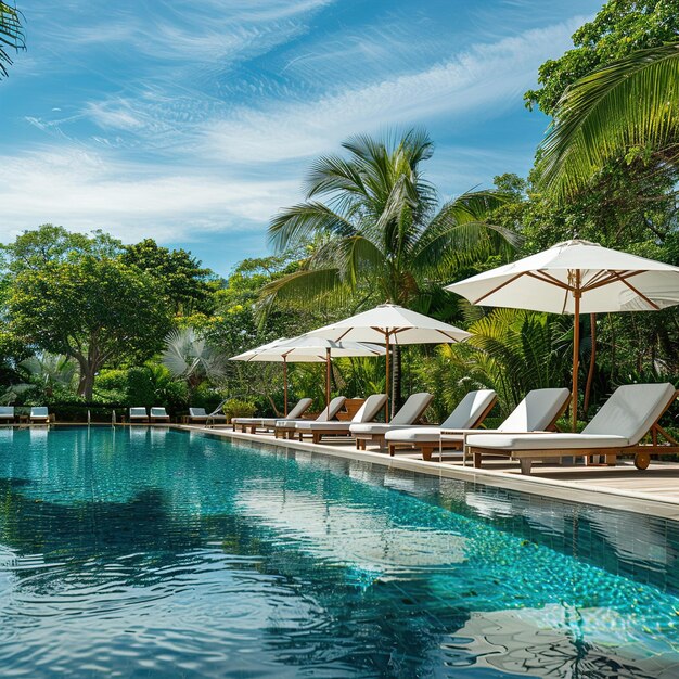 een zwembad met ligstoelen en paraplu's en palmbomen
