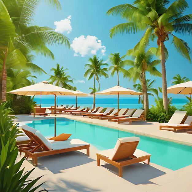 een zwembad met palmbomen en een blauwe hemel met een palmboom op de achtergrond