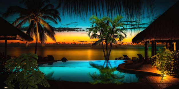 Een zwembad met palmbomen en een zonsondergang op de achtergrond