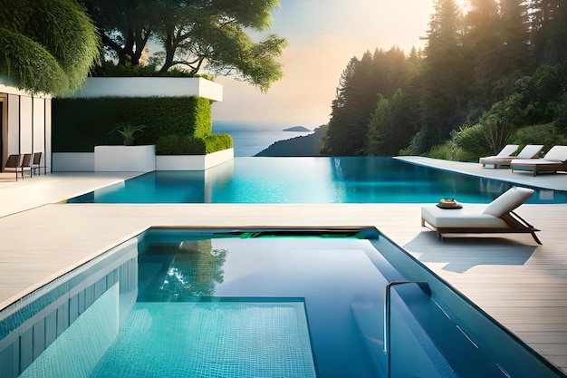 Een zwembad met uitzicht op de oceaan en een boom op de achtergrond.