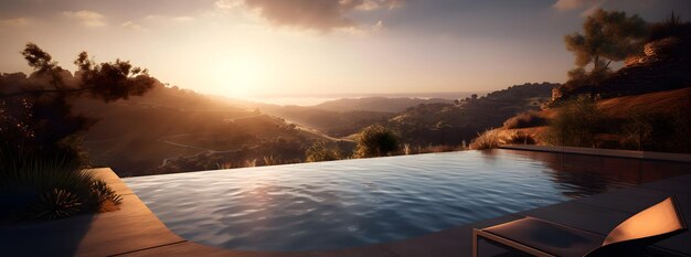 een zwembad op het terras met uitzicht op de heuvel in een dure villa of rijk resort Neuraal netwerk gegenereerd in mei 2023 Niet gebaseerd op een echte persoon scène of patroon