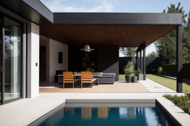Foto een zwembadgedeelte met een houten pergola en een zwarte muur met een zwart dak.