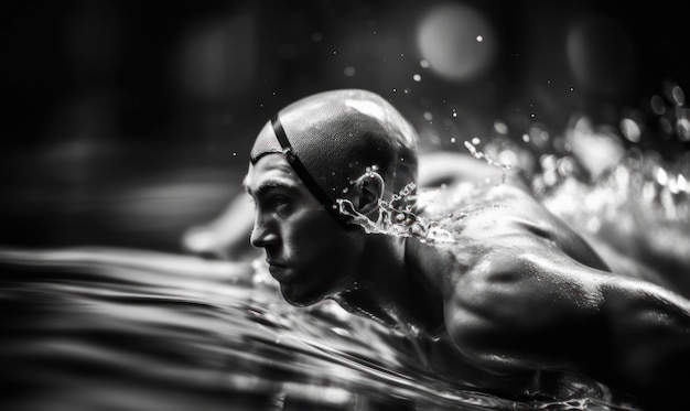 Een zwemmer zwemt in het water en aan de linkerkant is het woord triatlon zichtbaar.