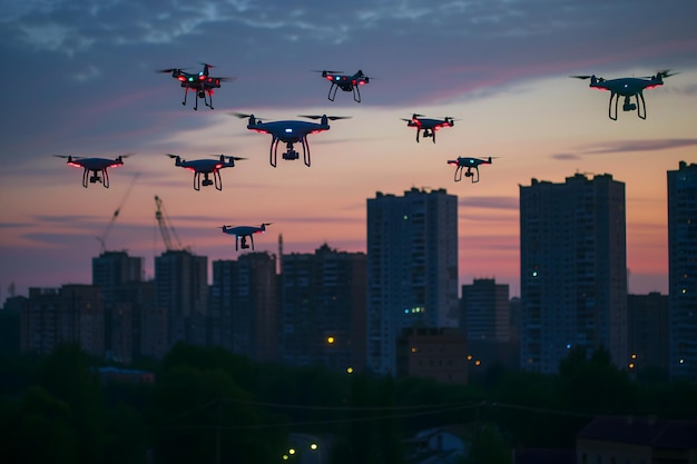 Een zwerm drones boven de stad bij zonsopgang in de zomer.