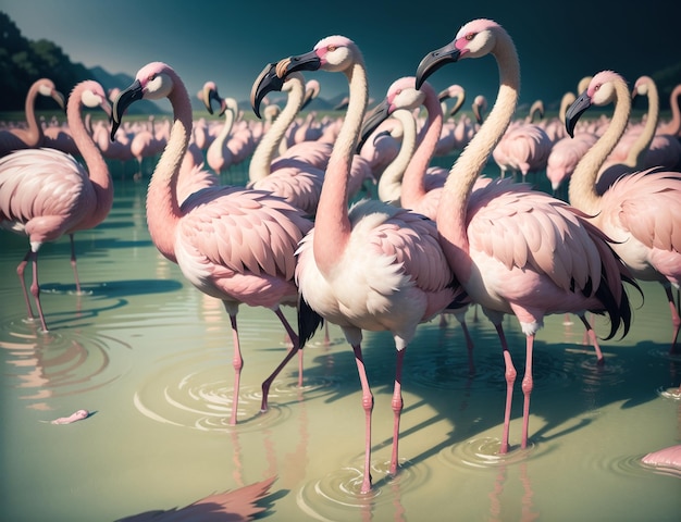 Een zwerm flamingo's staat in het water waar de zon op schijnt.