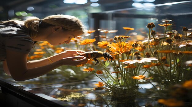 Een zwerm robotbijen bestuift bloemen op de achtergrond