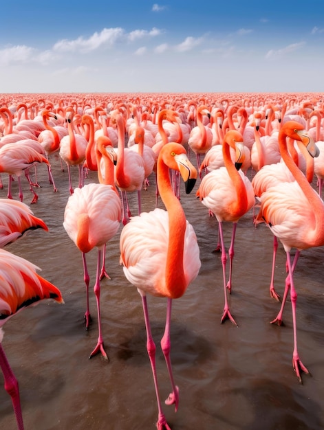 Een zwerm roze flamingo's aan de kust