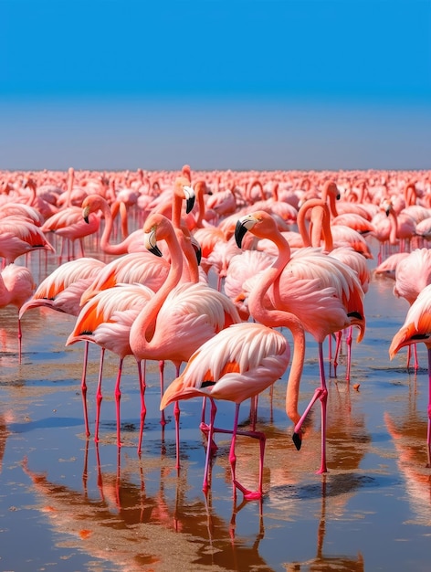 Een zwerm roze flamingo's aan de kust