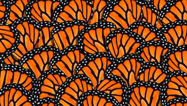 Een zwerm vlinders met zwarte strepen en oranje en zwarte strepen.