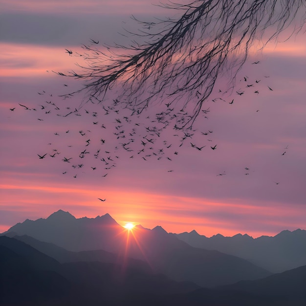 Een zwerm vogels vliegt over een bergketen met een zonsondergang op de achtergrond.