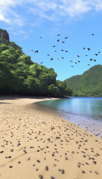 een zwerm vogels vliegt over een strand met een blauwe lucht en een berg op de achtergrond.