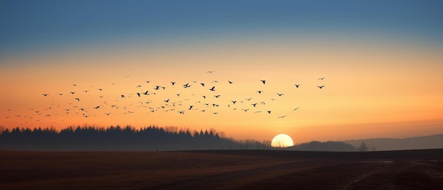 Foto een zwerm vogels vliegt voorbij de volle maan in de ochtendhemel