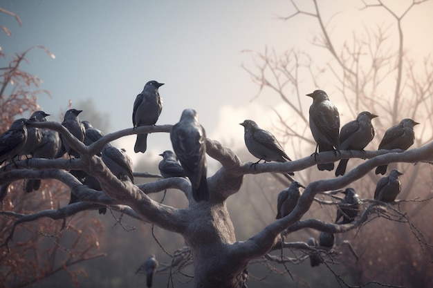 Een zwerm vogels zit op een boomtak, waar de zon op schijnt.