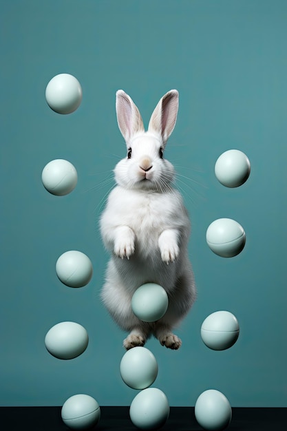 Een zwevend konijn met paaseieren op een blauwe achtergrond