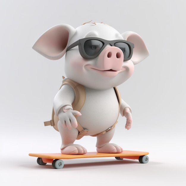 Een zwijntjesfiguur met een zonnebril en een rugzak rijdt op een skateboard.