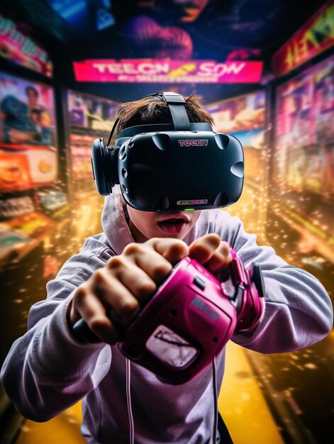 eenager die plezier heeft boksen vr virtual reality bril sport spel futuristisch neon kleurrijk