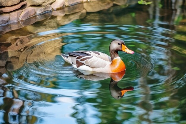 Eend zwemt in een vijver en laat watergolven achter