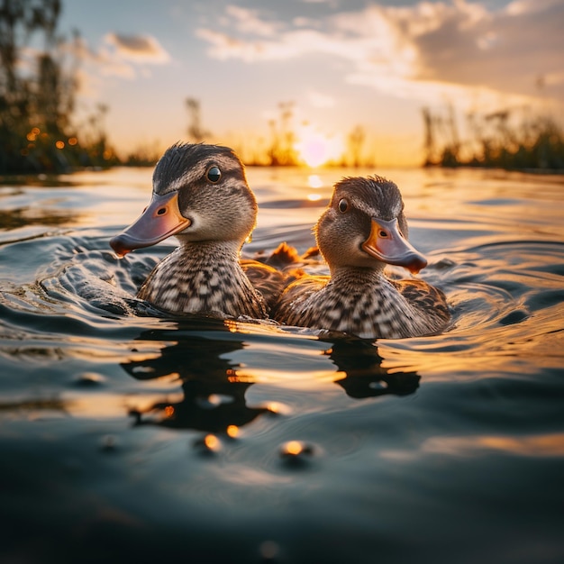 eenden zwemmen in een rivier bij zonsondergang