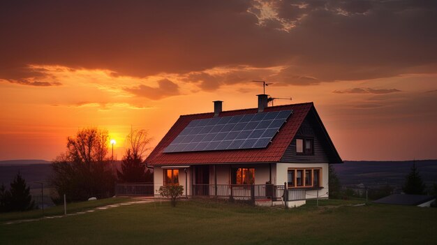 Foto eengezinswoning met zonnepanelen en zonsopgang zonne-energiesysteem zonsondergang