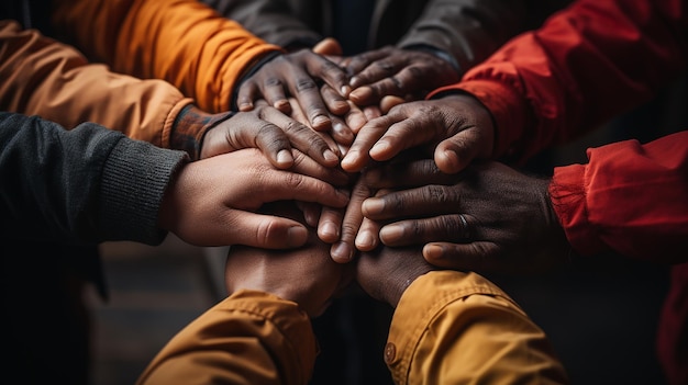 Eenheid en diversiteit Handen die van dichtbij samenkomen