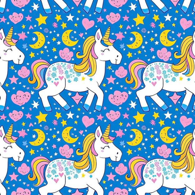 eenhoorns met harten en sterren op de blauwe achtergrond