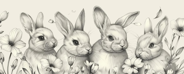 Eénkleurig tekenen van konijnen met bloeiende bloemen