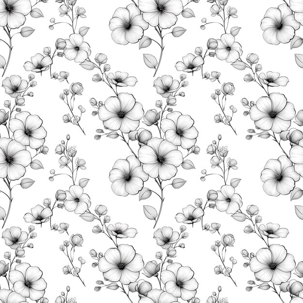 Eenkleurige contourtekeningen van bloemen met naadloos patroon