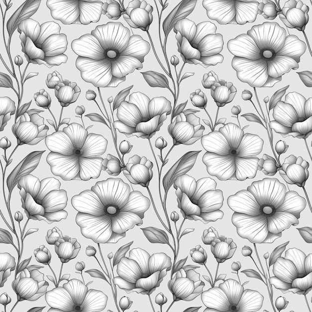 Eenkleurige contourtekeningen van bloemen met naadloos patroon
