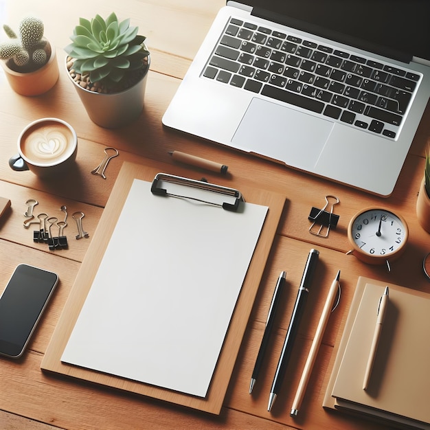 Eenvoudig houten bureau met klembord en laptop