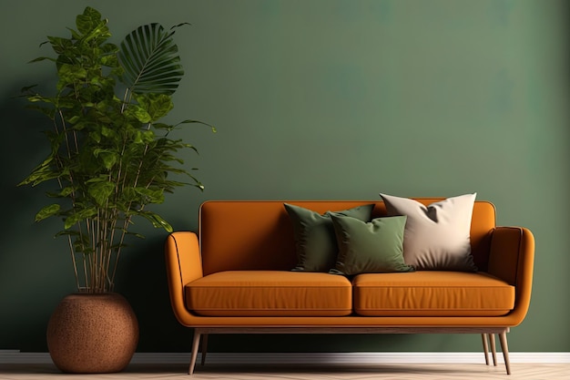Eenvoudig minimalistisch eigentijds decor met een bruine bank tegen een groene muur