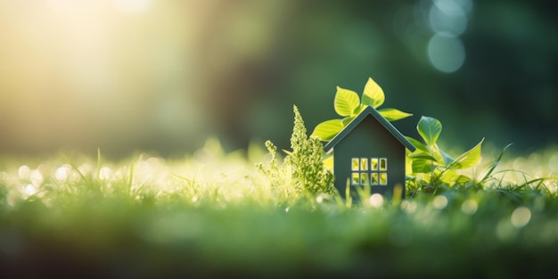 eenvoudig model van groen huis in groen gras op wazige achtergrond kopie.