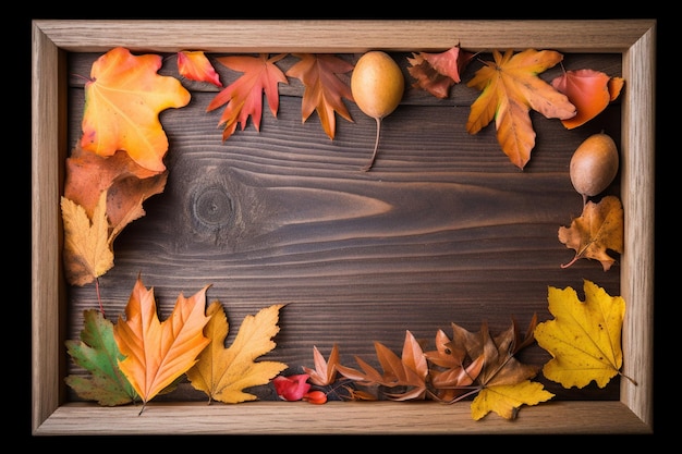 Eenvoudig rechthoekig fotolijstje van minimalistisch hout met bladeren en grenen op een houten tafel
