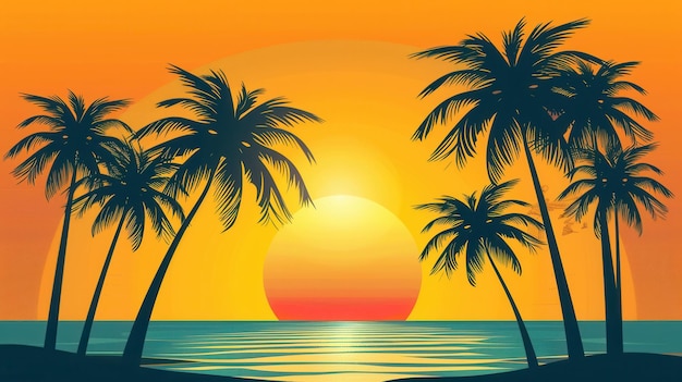 Eenvoudig silhouet van palmbomen tegen een levendige zonsondergang over de oceaan Perfect voor reisbureaus en resorts Generatieve AI
