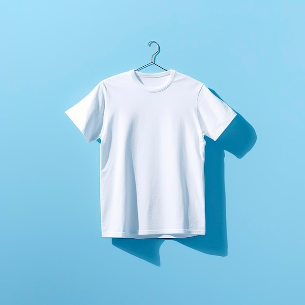 Eenvoudig wit T-shirt op zachte blauwe achtergrond AI Generatief