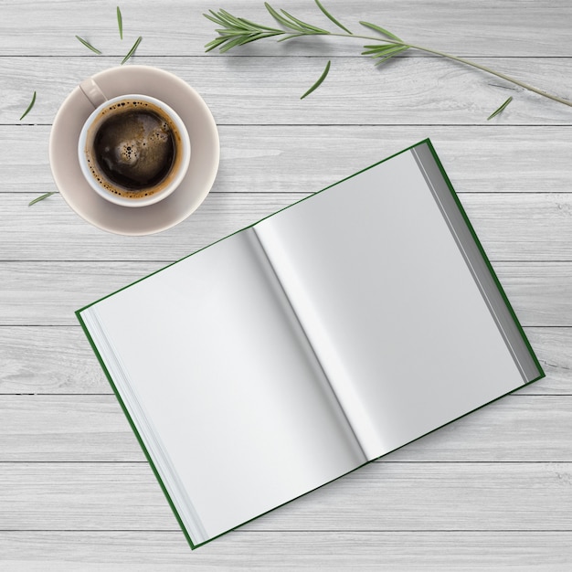 Eenvoudige bovenaanzichtscène met koffie en een leeg boek