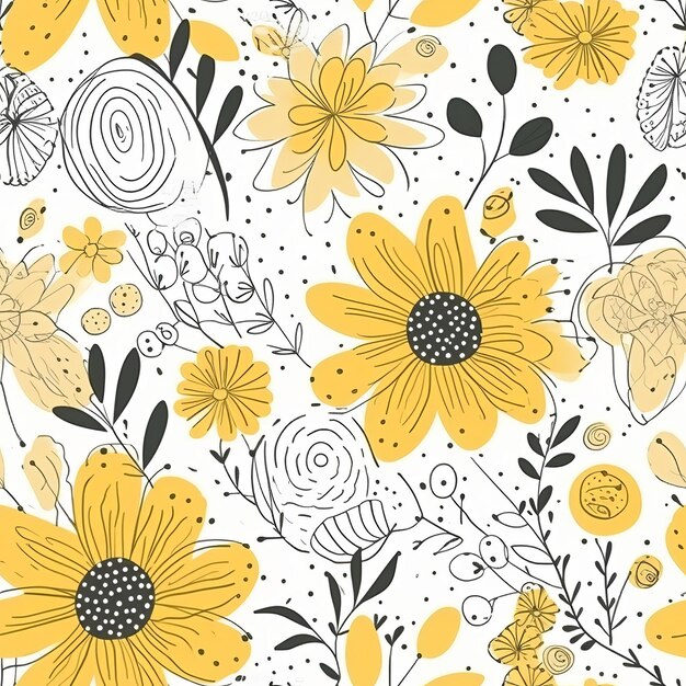 Eenvoudige en decoratieve handgetekende gele bloemen in een Scandinavische stijl naadloze bloemenpatroon AI-generatie