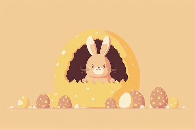 Eenvoudige illustratie van een paashaas die zich verstopt in eieren met een gele pastelachtergrond Paasvakantie-idee
