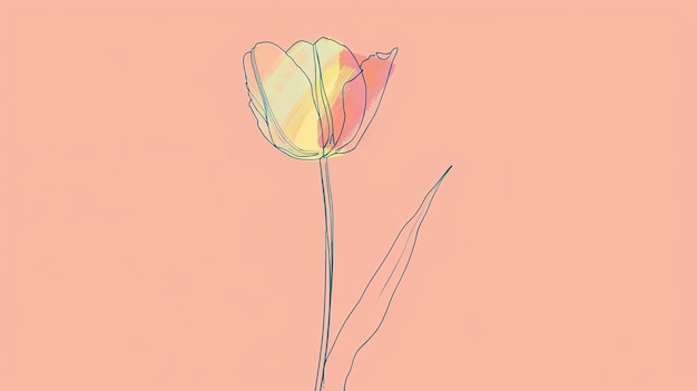 Eenvoudige lijn kunst tulp bloem met waterverf bloemblaadjes Minimalistische tulp op een roze achtergrond