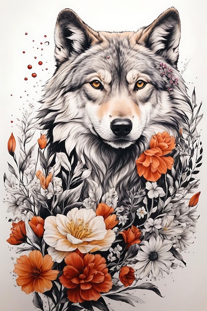 eenvoudige lijn tattoo inheemse wolf bloemen gewaagde lijntekeningen splash art kleurplaat voor volwassenen wit