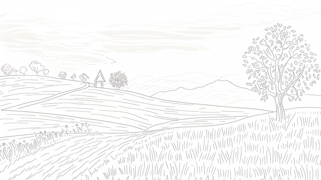 Eenvoudige lijntekening van een landelijk landschap met glooiende heuvels een klein huis en een grote boom op de voorgrond