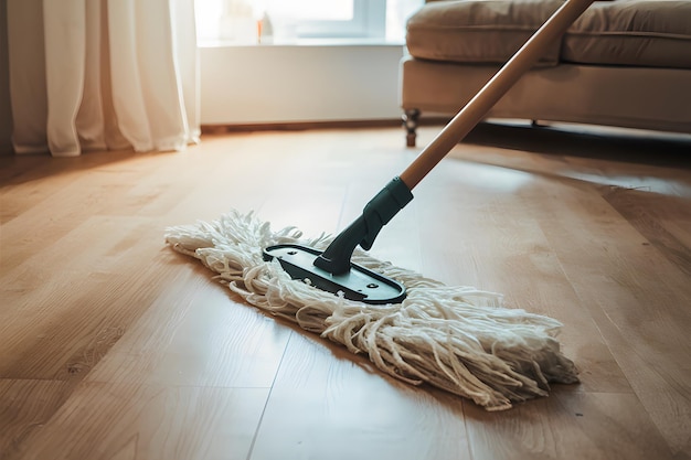 Eenvoudige maar effectieve afbeelding van een mop die op een schone vloer ligt