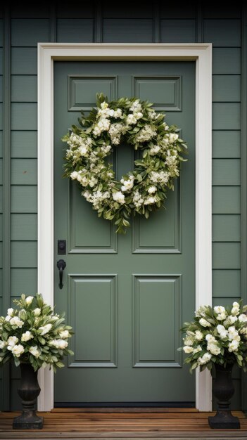 Foto eenvoudige maar klassieke witte en groene krans op een houten deur