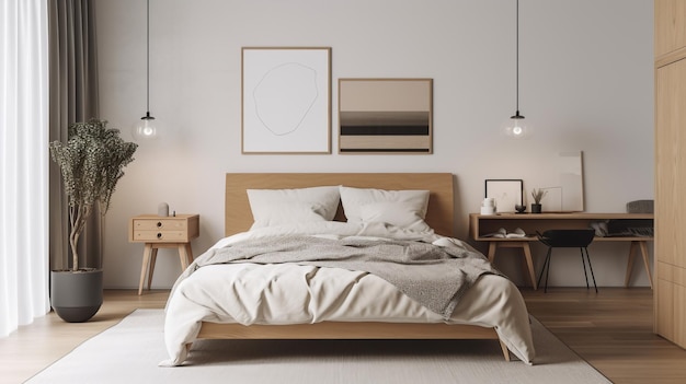 Eenvoudige minimalistische moderne slaapkamer gezellig comfortabel en elegant voor huis en appartement goed interieur