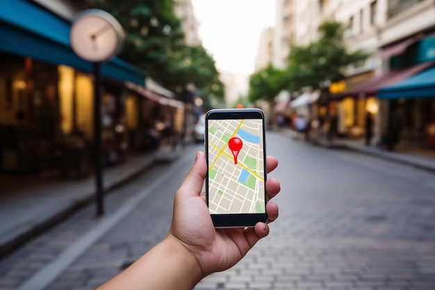 Eenvoudige navigatie Een persoon die een smartphone vasthoudt met een kaart die op het scherm wordt weergegeven Generatieve AI